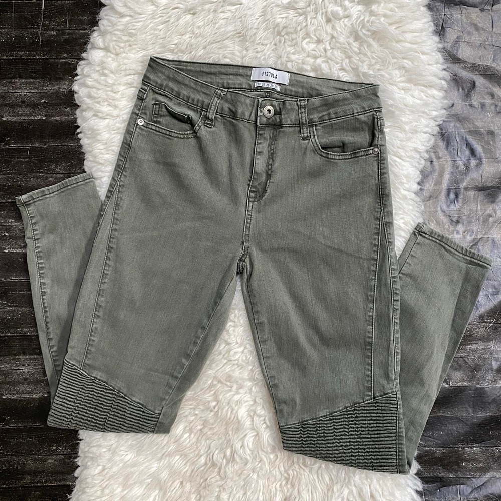 PISTOLA OLIVE GREEN MOTO SKINNY JEANS RIBBED GORPCORE Y2K MOTO GRUNGE ALT PUNK